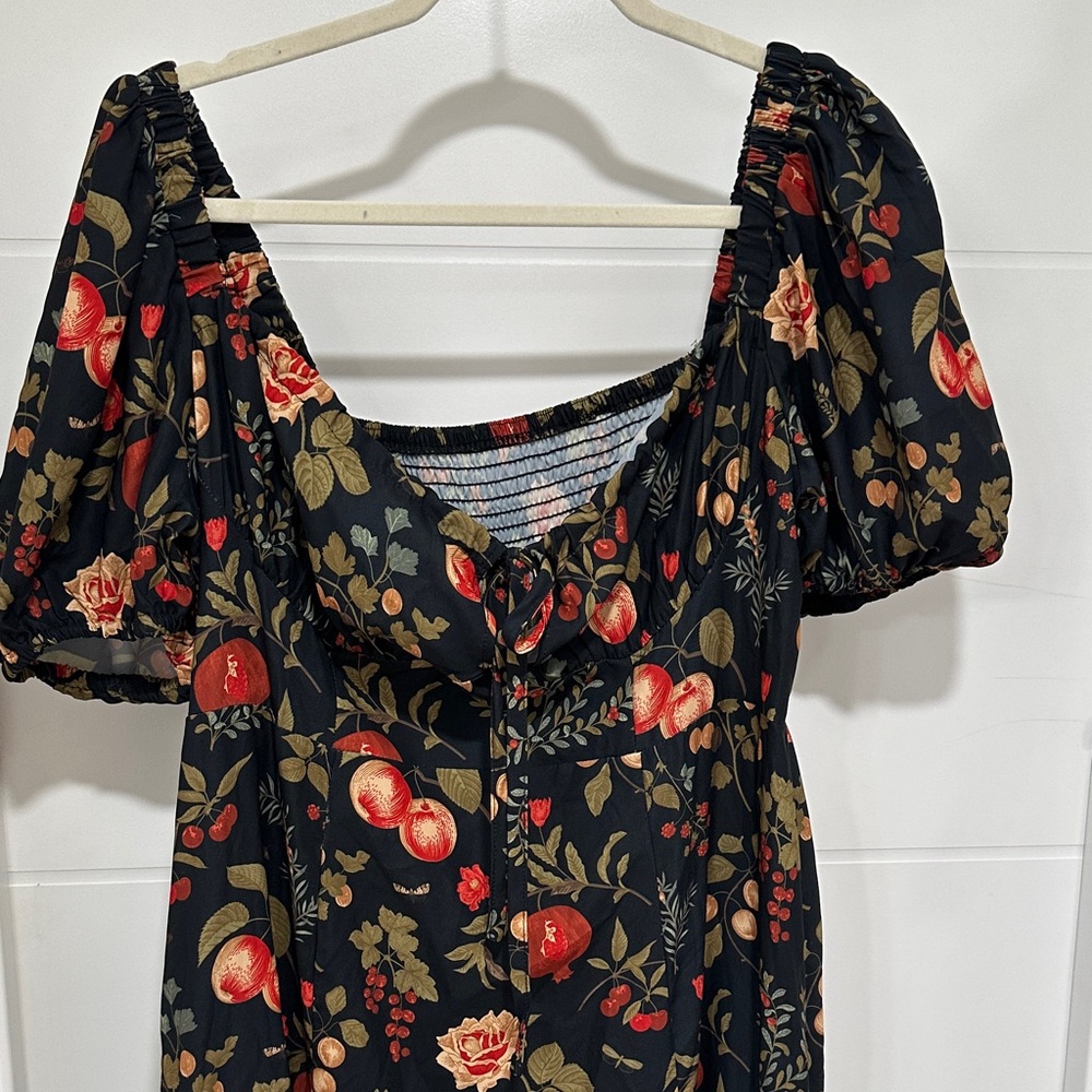 Cider Plus Size Black Floral Puff Sleeve Midi Dress with Red & Olive Fruit Print